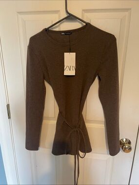 Zara Chocolate Brown Long-Sleeve Tie-Waist Top new with tags size medium